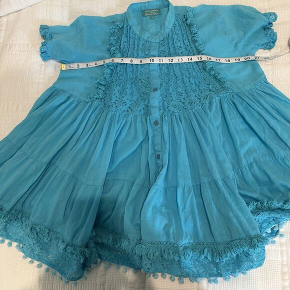 Antica Sartoria By Giacomo Cinque Blouse Size 12 Blue Lace Pom Poms Ruffle Swing - Picture 12 of 14
